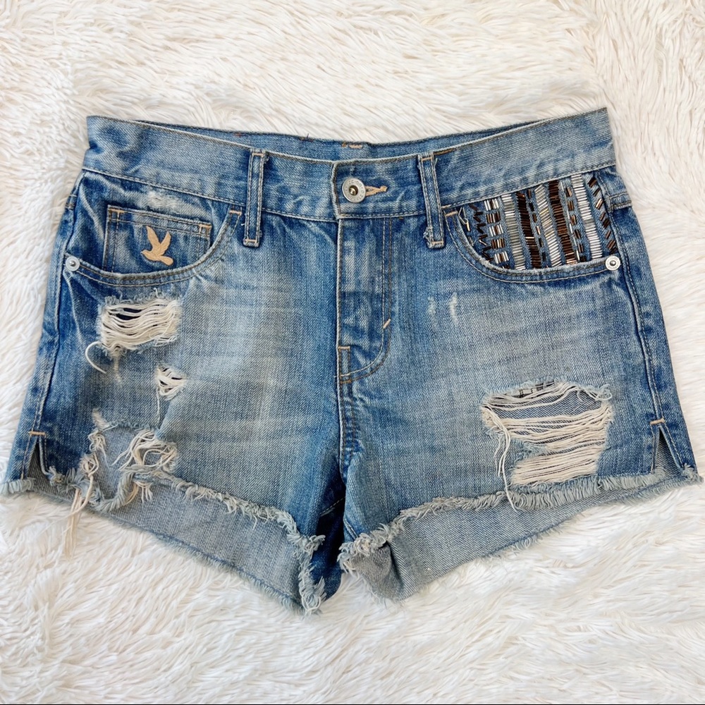 CC Double O low rise cut off jeans shorts distressed frayed hem beading Sz 25